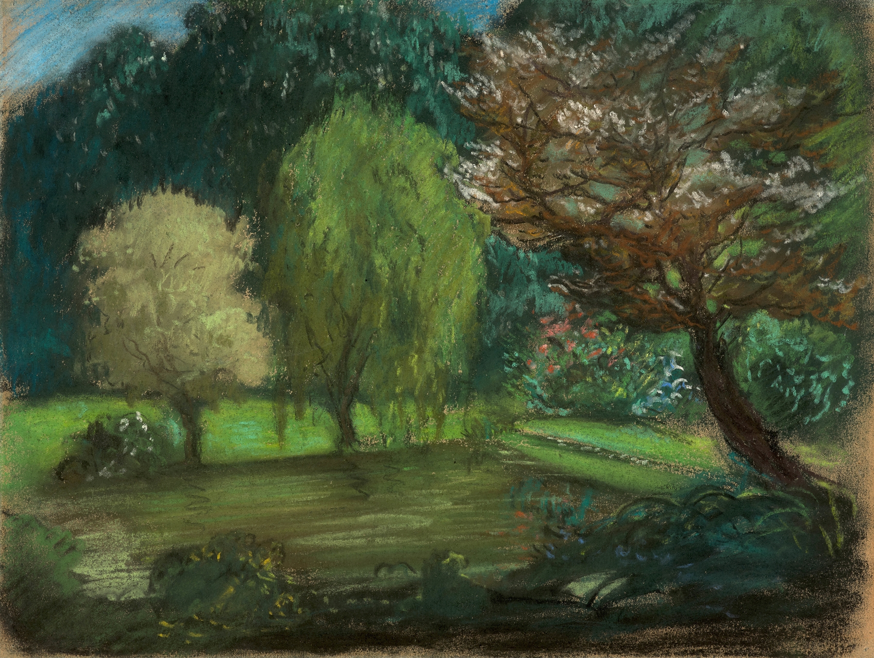 Trees near water in a park, by Eugène Delacroix, public domain