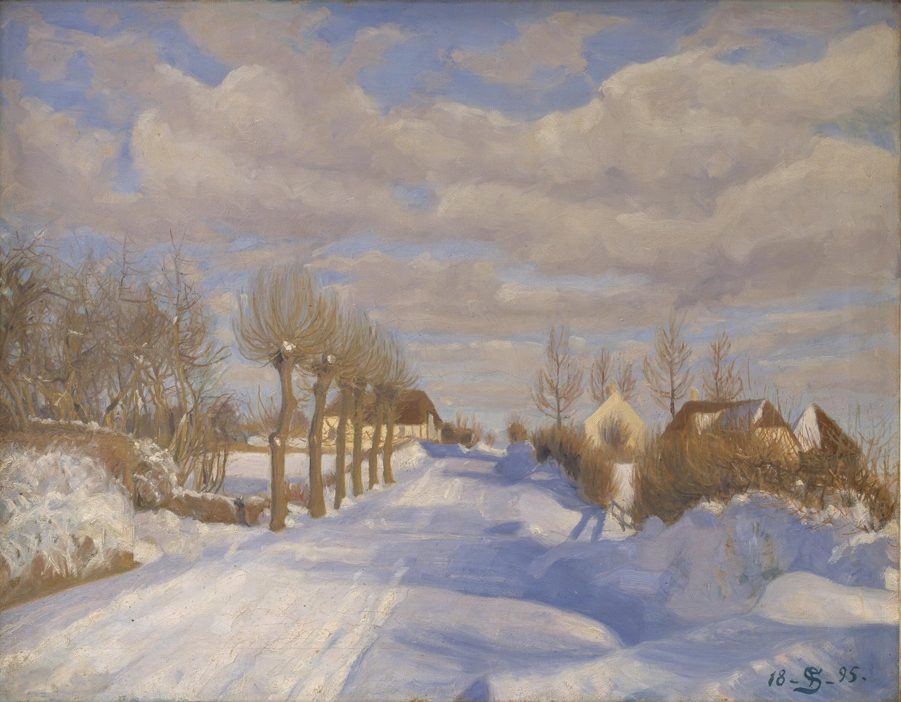 Snow-Covered Highroad in the Sunshine by Fritz Syberg, oil painting depicting a snowy landscape.