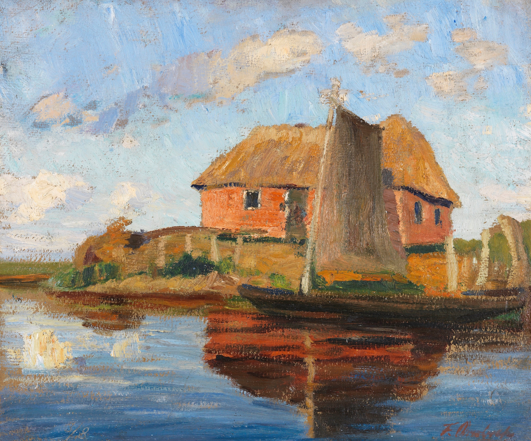 Hammehütte mit Torfkahn by Fritz Overbeck, impressionist landscape depicting a village by a river.