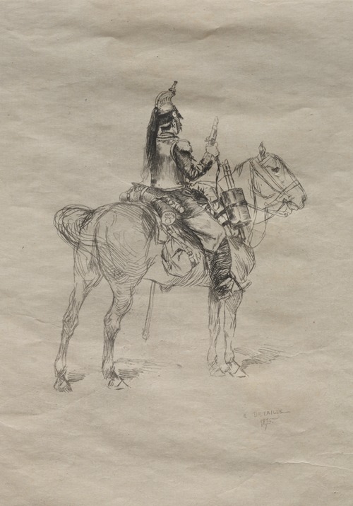 A cavalryman in uniform rides a horse, set against a dramatic battlefield backdrop.