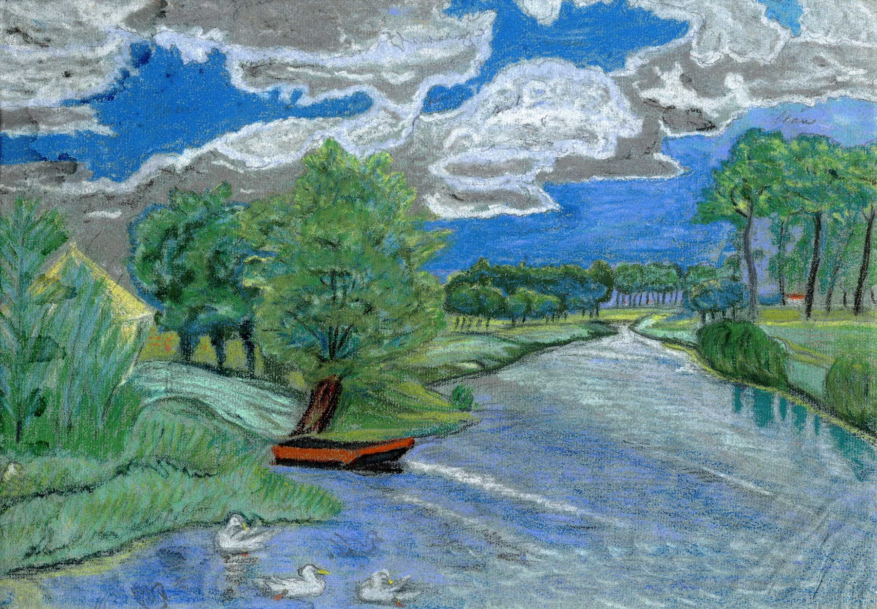 Landschap met een rivier en hooimijt by Pol De Mont, realism, depicting a river and fields under a blue sky
