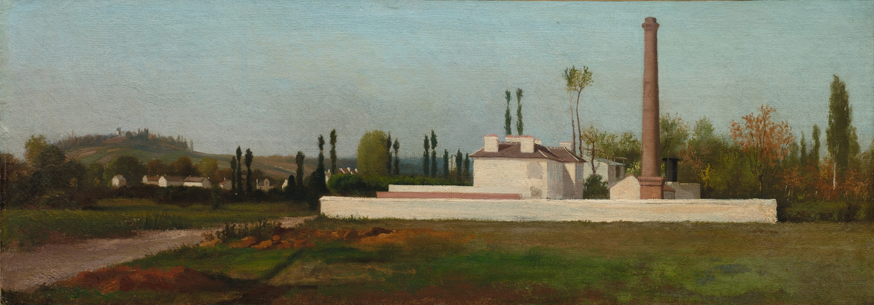 Industrial Plant by Antoine Chintreuil, depicting chimneys against an evening sky, oil painting