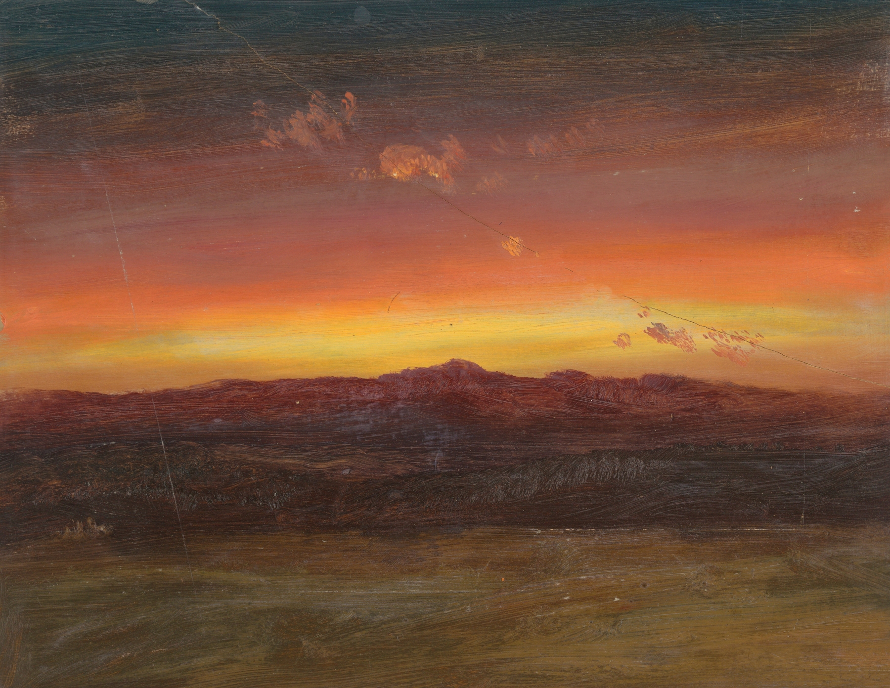 Sunset by Frederic Edwin Church, oil painting depicting a vibrant landscape with colorful clouds.