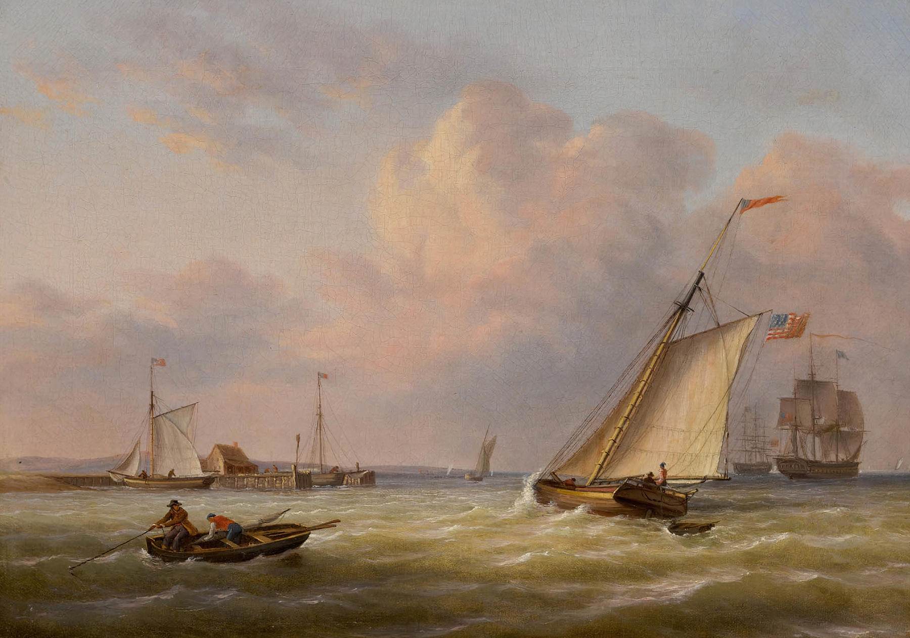 Philadelphia Harbor by Thomas Birch, oil painting depicting sailboats on calm water at dawn.