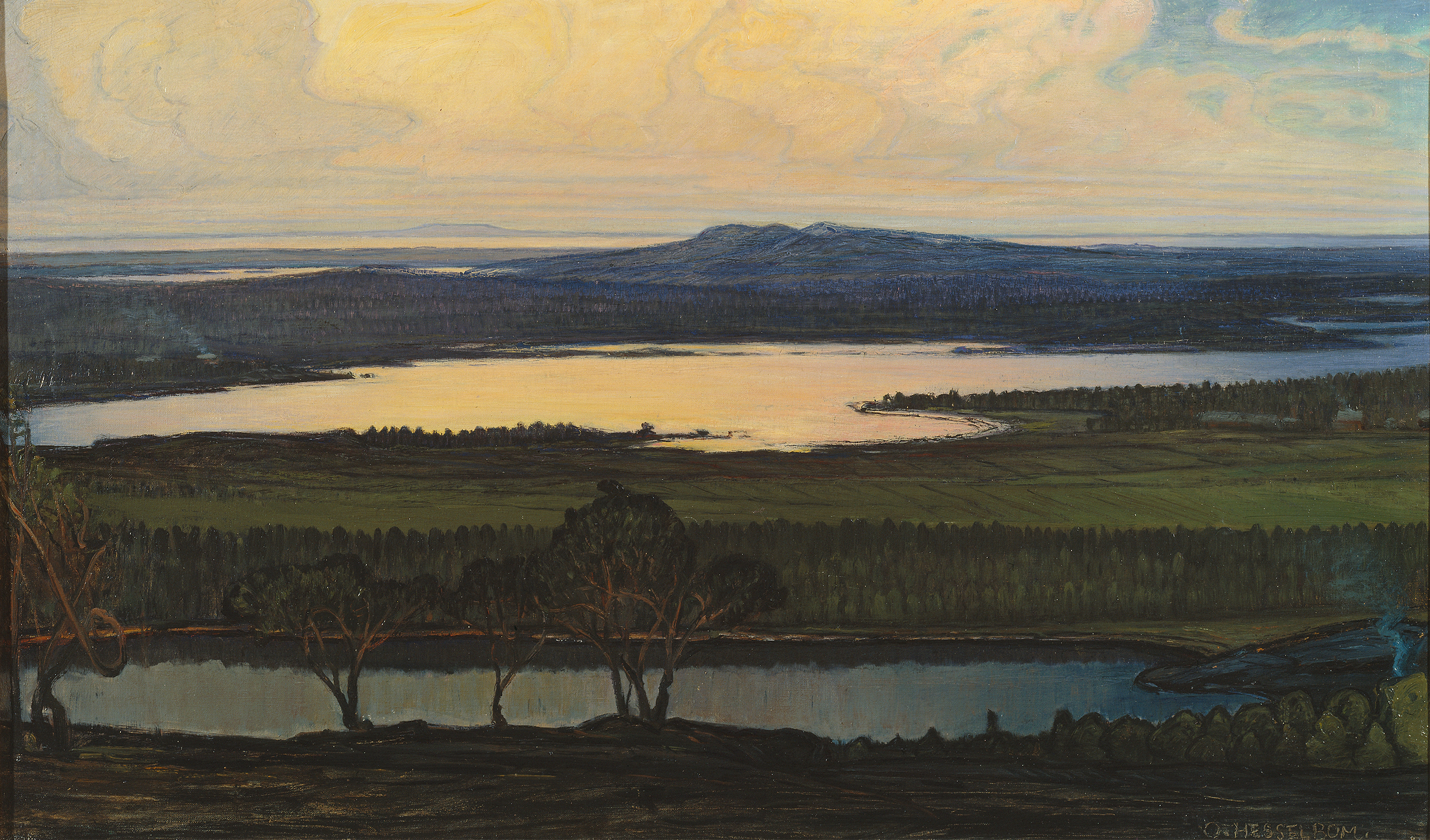 Summer Night. Study by Otto Hesselbom, oil on canvas depicting a twilight landscape.
