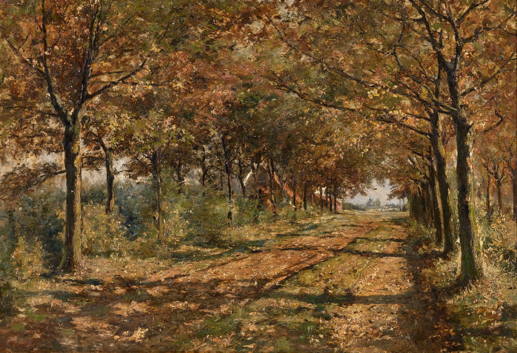 Landscape oil painting by Frans Simons featuring a sunlit path and soft hues.