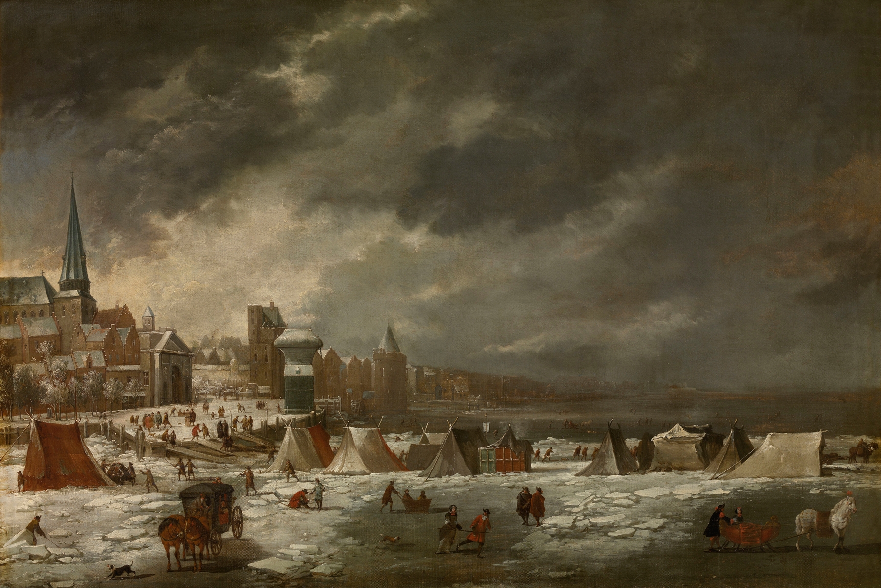 The Frozen Scheldt in Antwerp, oil on canvas by Jan Peeters the elder, depicting a winter river landscape.