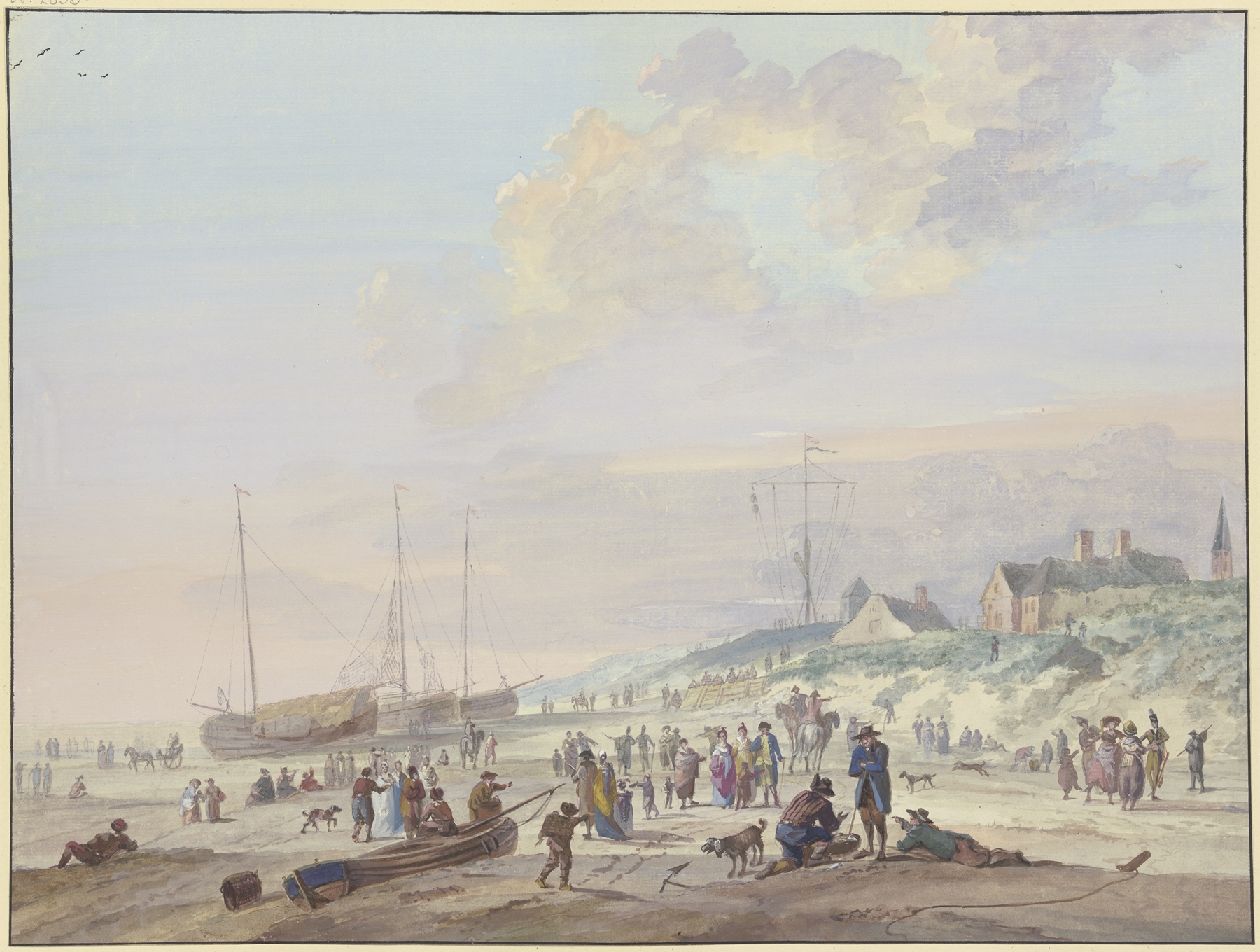 Oil painting by Arie Lamme depicting fishing boats on the shore with townspeople.