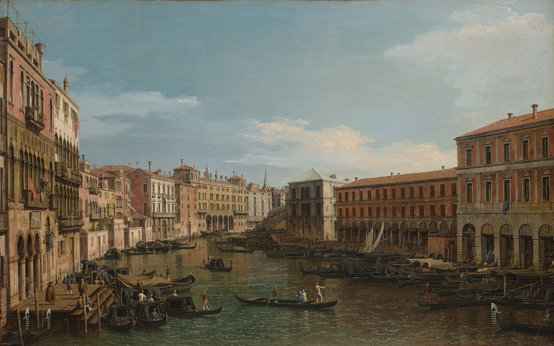 Venice, the Grand Canal looking South, from the Ca’ Da Mosto toward the Rialto Bridge, by Canaletto, public domain