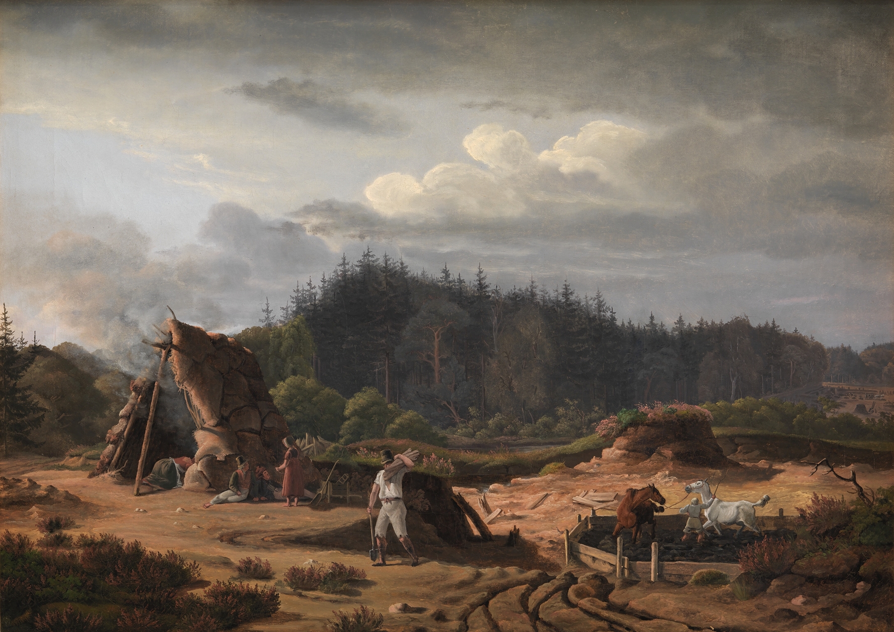 A Bog with Peat Cutters, oil on canvas by Fritz Petzholdt depicting laborers in a serene landscape.