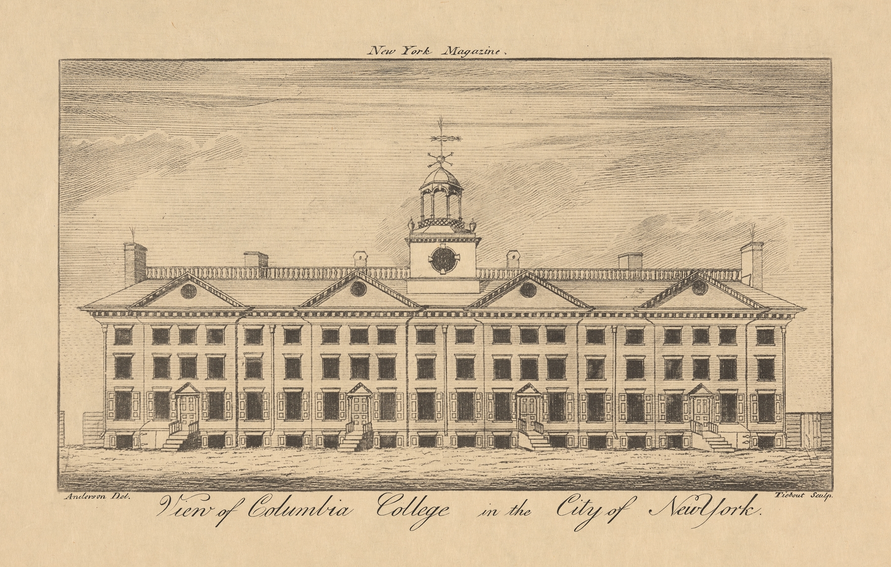 Engraving by Cornelius Tiebout depicting Columbia College in New York with clouds and sky.