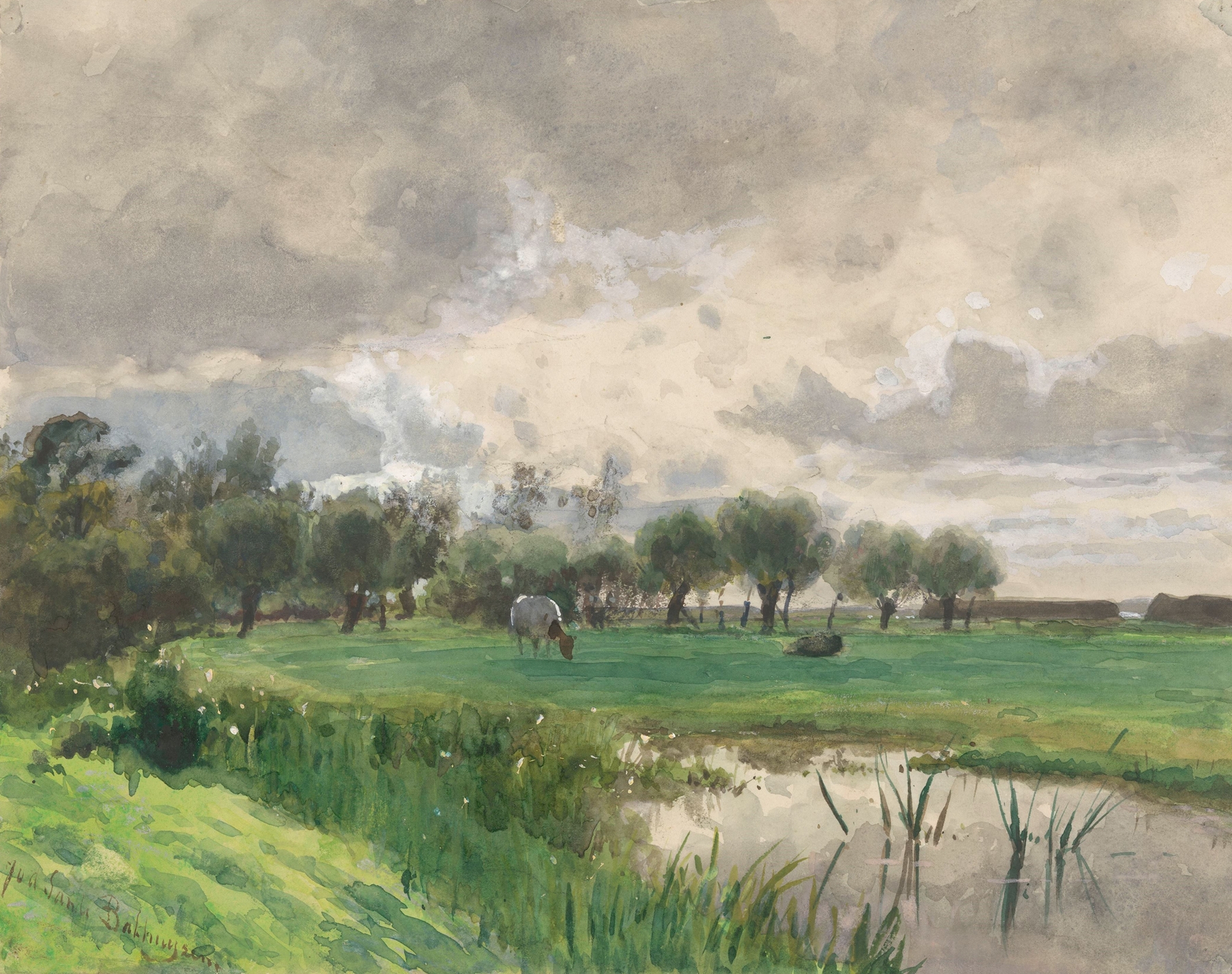 Cow grazing in a field, oil on canvas by Julius Jacobus van de Sande Bakhuyzen