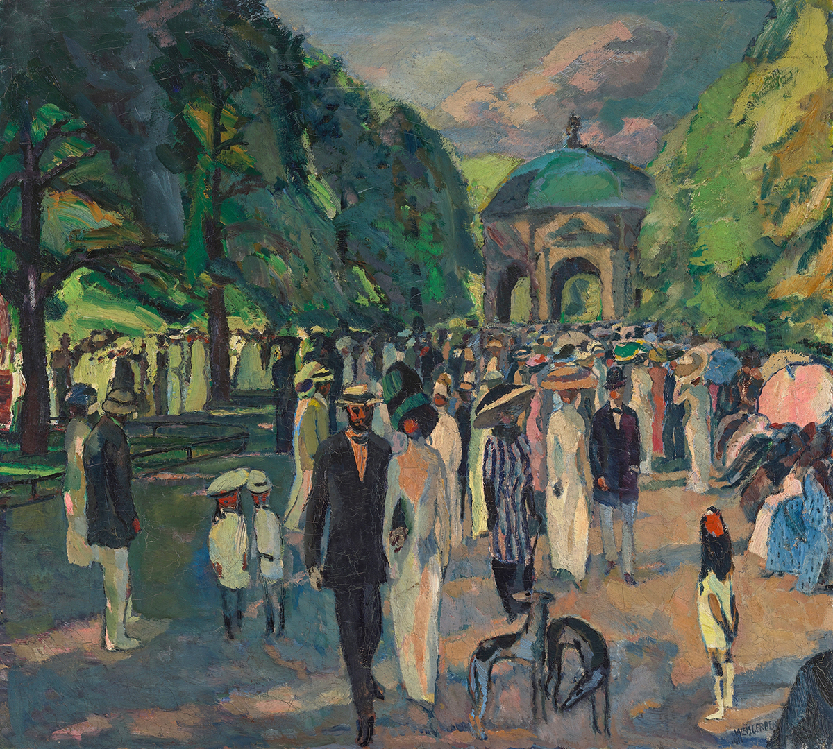 Im Münchner Hofgarten by Albert Weisgerber, oil painting depicting a serene garden landscape