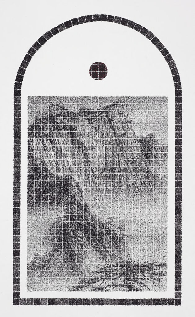 Mountain landscape with dwelling, ink on paper by Lee Chun-Yi