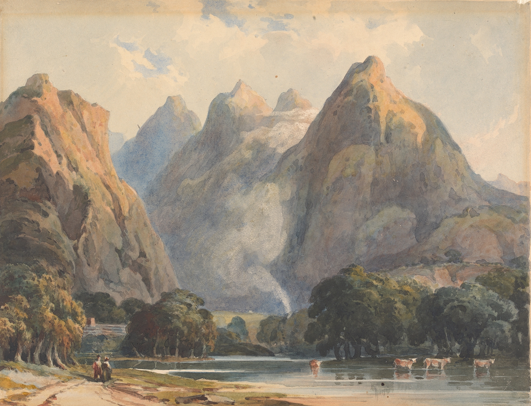 Mountain Scene with Stream, Cows and Figures, by Thomas Sully, public domain