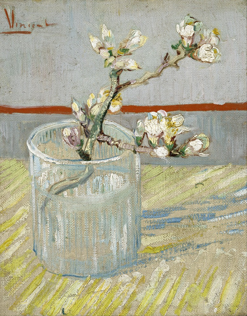 Vincent van Gogh's 'Sprig of flowering almond in a glass' showcases vibrant colors and expressive brushwork.