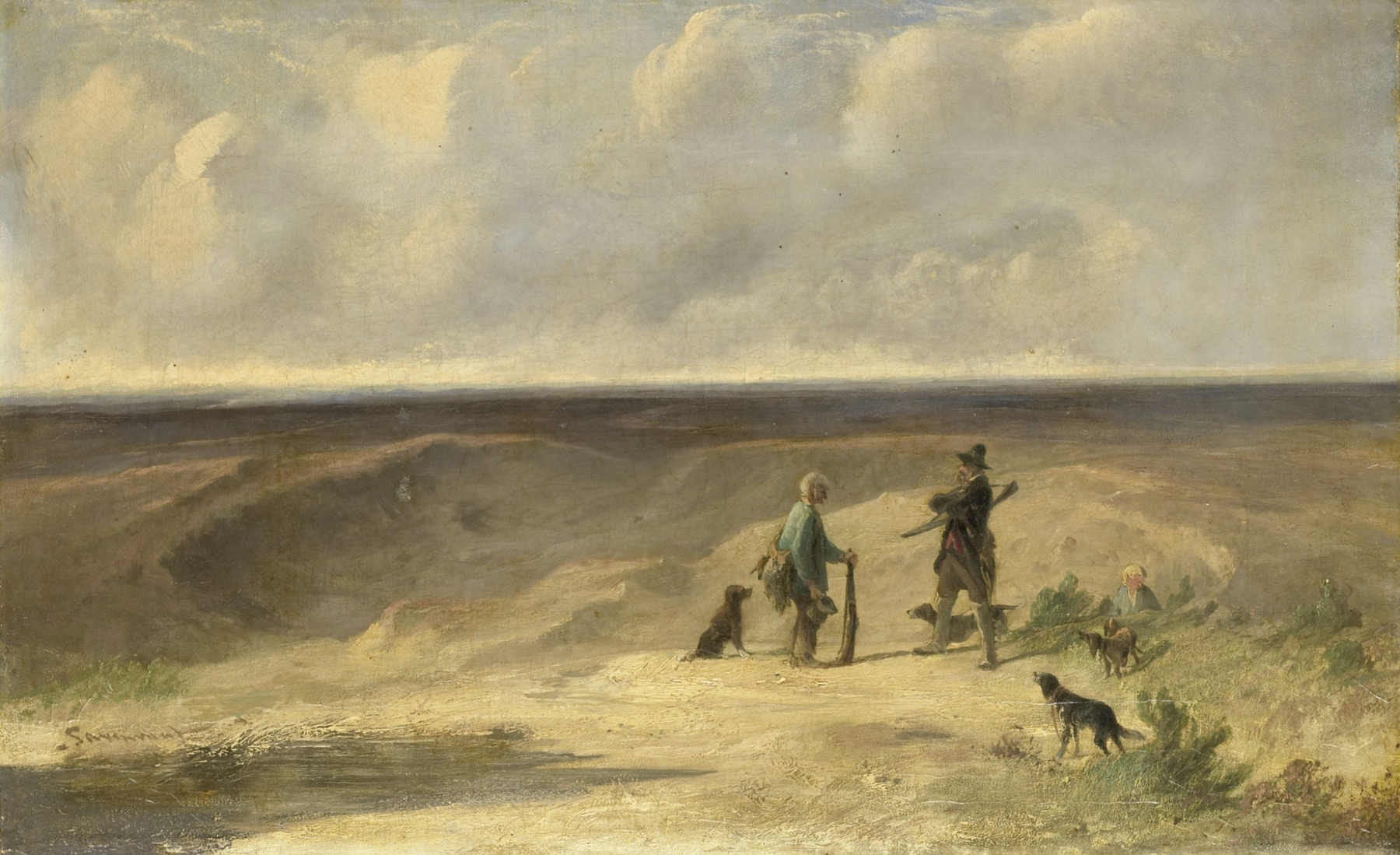 Figurative scene of a hunter in twilight landscape, oil painting by Johannes Tavenraat