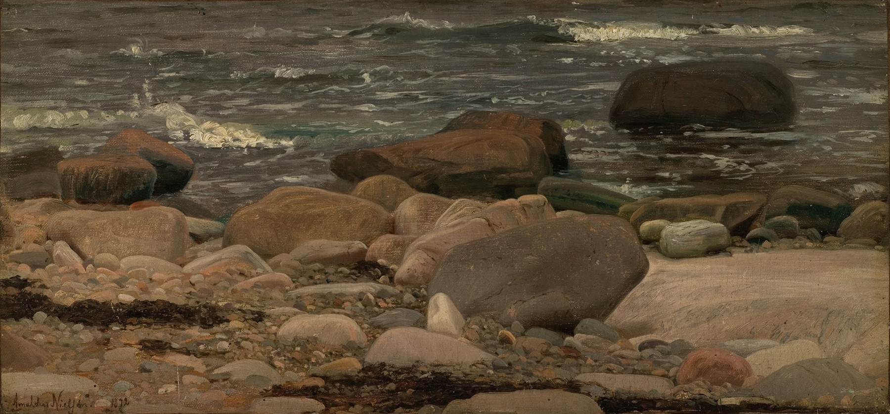 Landscape of cliffs and sea in Stenstudie, Hvaler by Amaldus Nielsen, oil painting