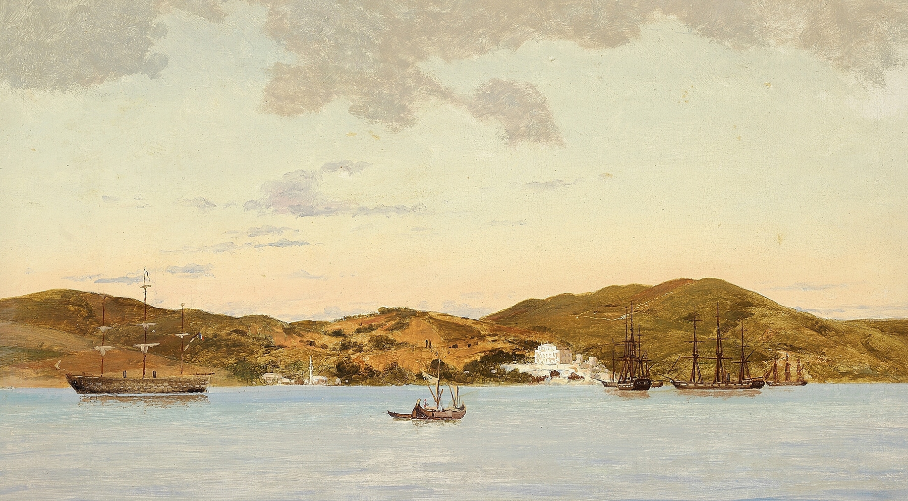 Parti fra Middelhavet med hvide bygninger ved kysten, by Anton Melbye, public domain
