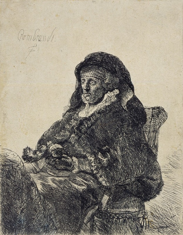 A portrait of an elderly woman in widow's dress by Rembrandt.