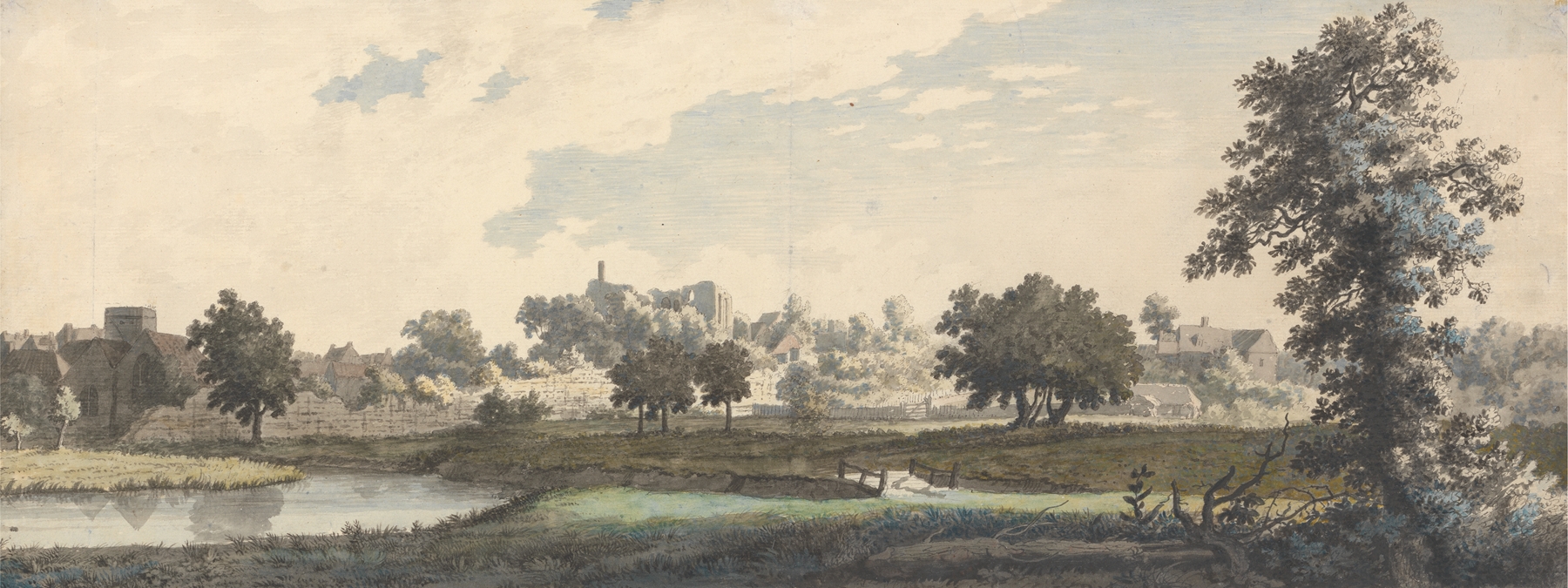 Oil painting by Jonathan Skelton depicting a river, church, and castle in a serene landscape.