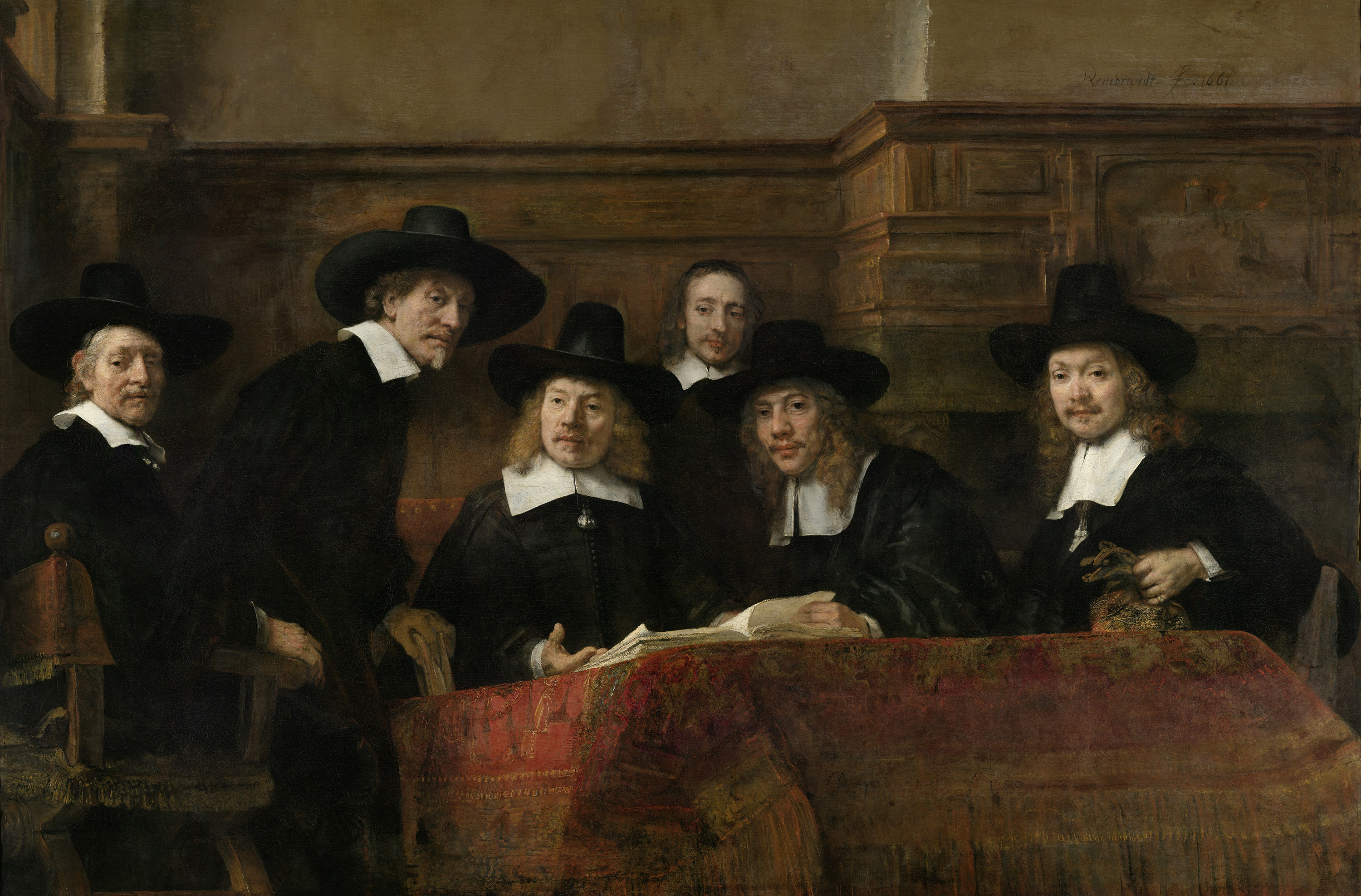 The Sampling Officials of the Amsterdam Drapers’ Guild, Known as ‘The Syndics’, by Rembrandt van Rijn, public domain