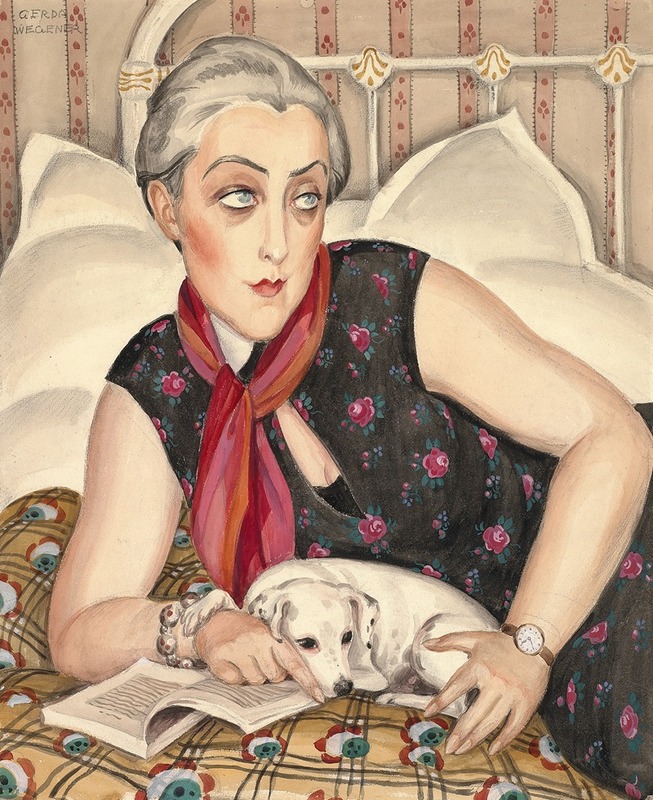 A woman reading with her dog in a cozy interior.