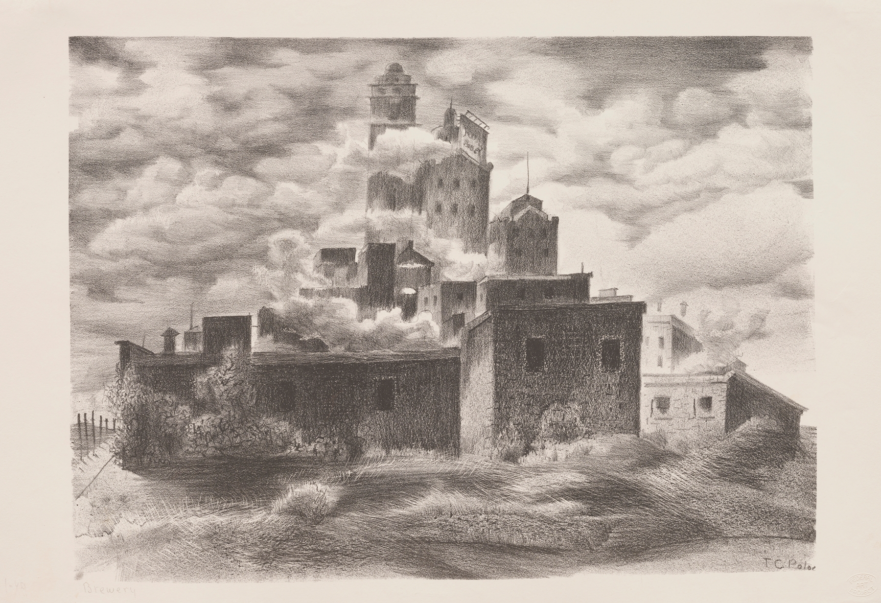 Brewery by Theodore Polos, a modernism artwork depicting a bustling brewery scene.