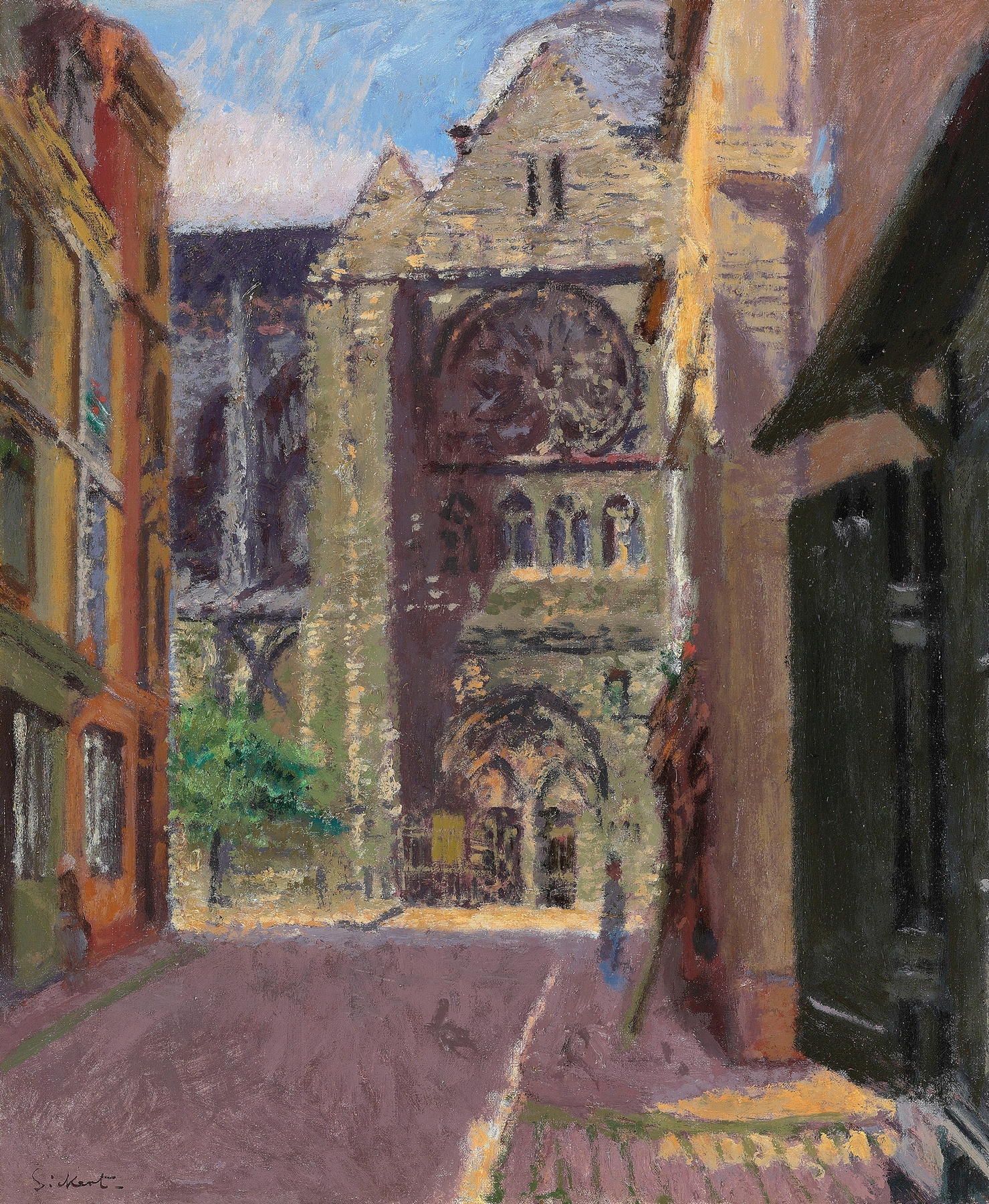 La Rue Pecquet, Dieppe by Walter Richard Sickert, oil painting depicting a village street.