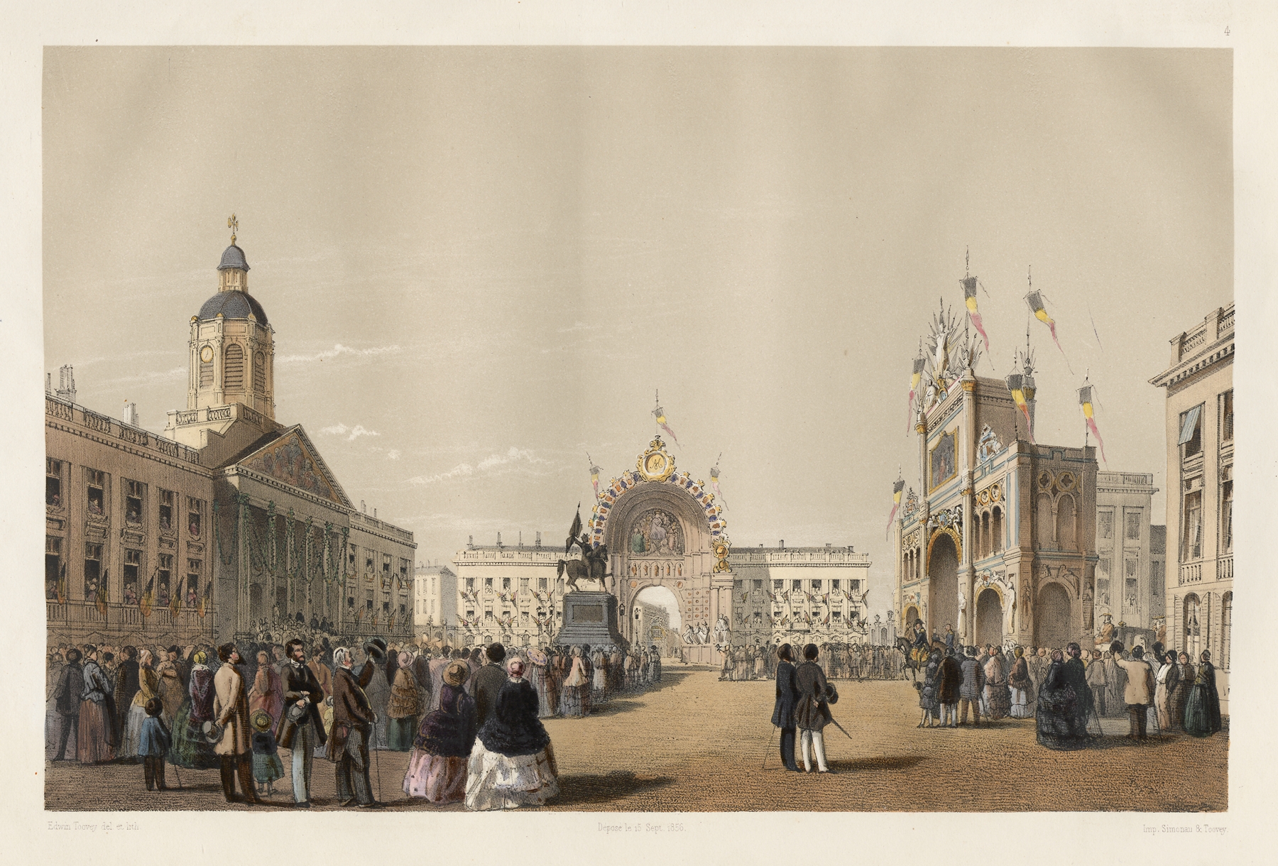 Arcs de Triomphe dressés sur la Place Royale by Jules Helbig, oil on canvas, depicting arches under a blue sky.