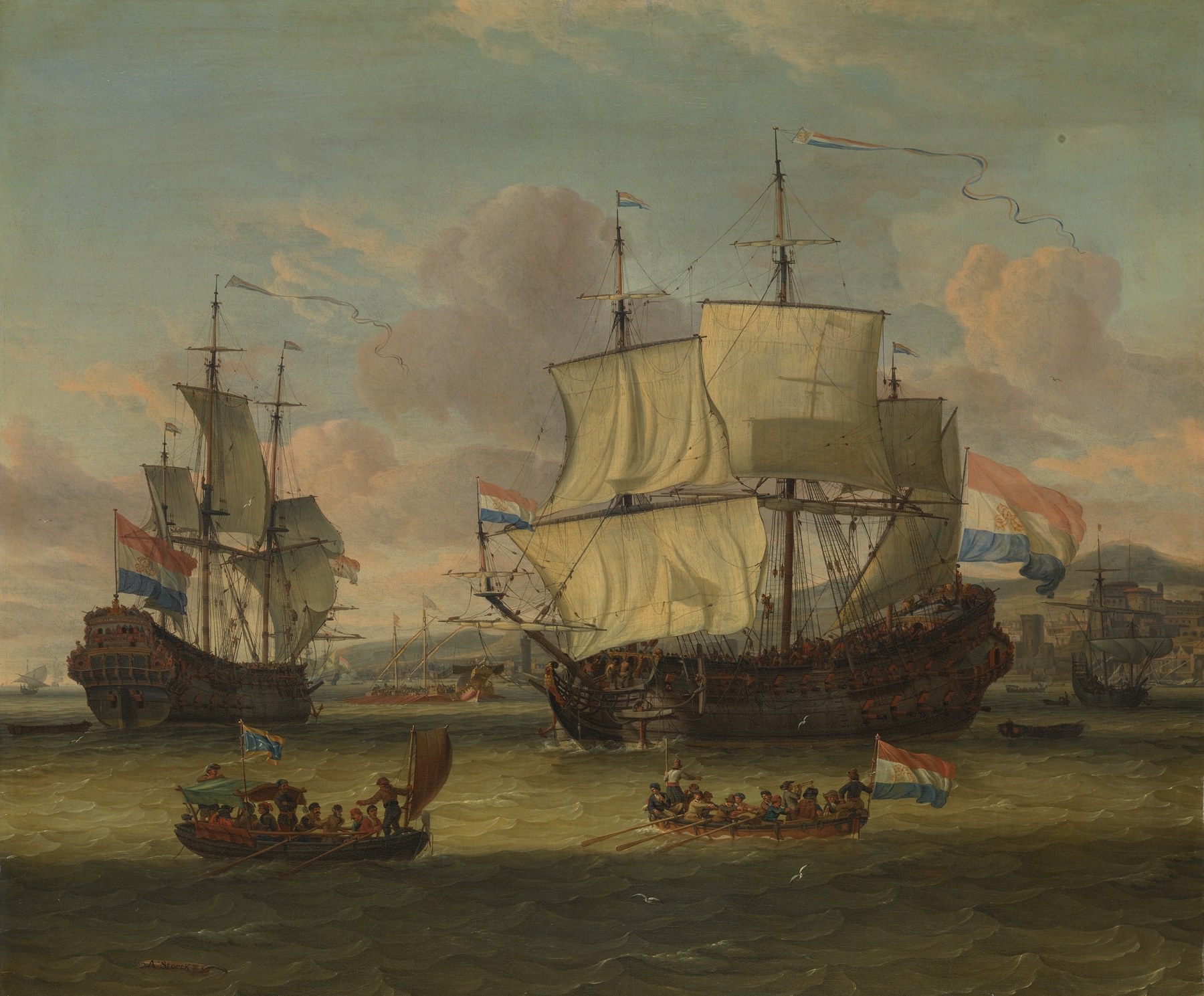 Dutch street sailors at a harbor on the Mediterranean, by Abraham Storck, public domain