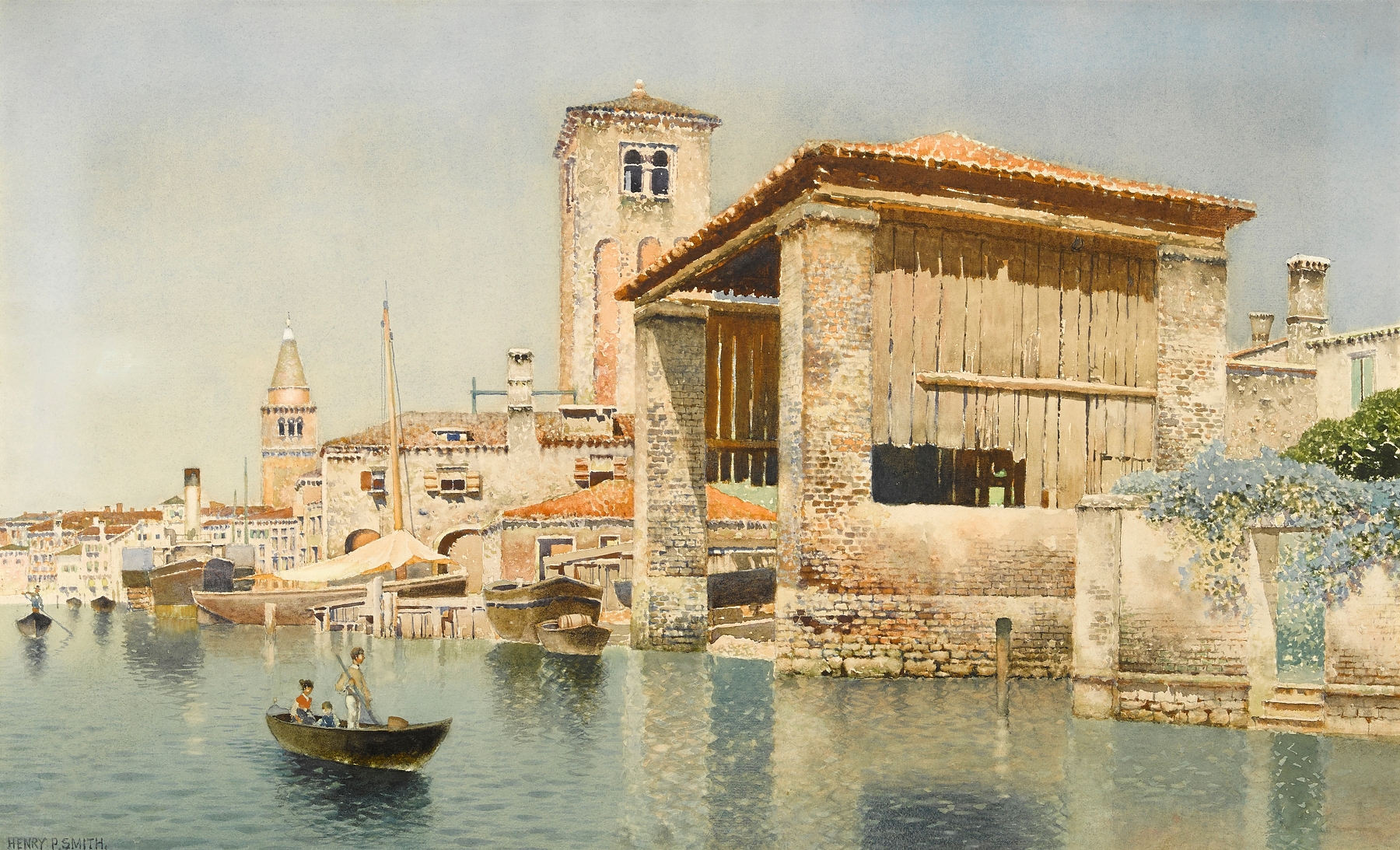 Marine scene depicting The harbor of Venice by Henry Pember Smith, oil on canvas