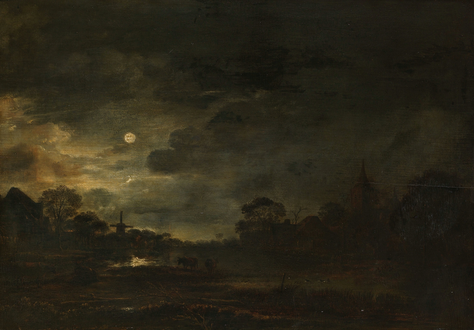 Landscape by Moonlight, by Aert van der Neer, public domain