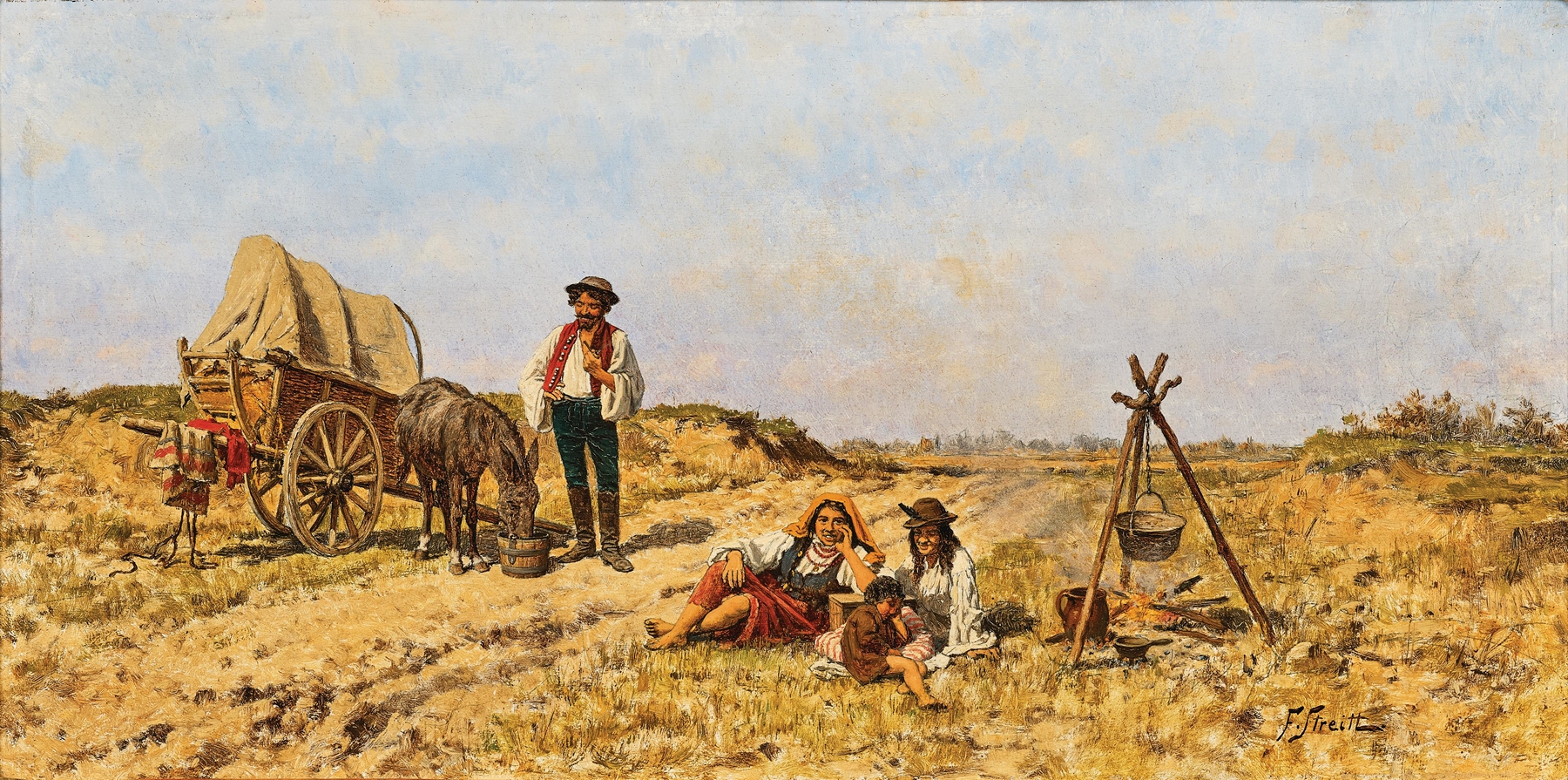 Resting in the Puszta, oil on canvas by Franciszek Streitt, depicting a sunlit grassland.