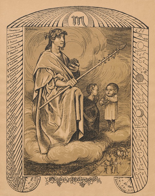 The painting depicts an allegorical figure representing October surrounded by autumnal elements.