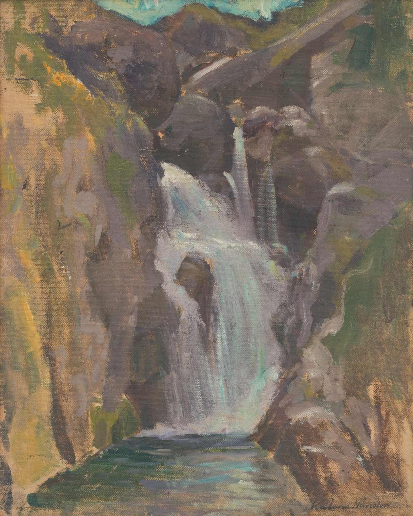 Waterfall by Ferdinand Katona, oil on canvas depicting a waterfall in a lush forest landscape