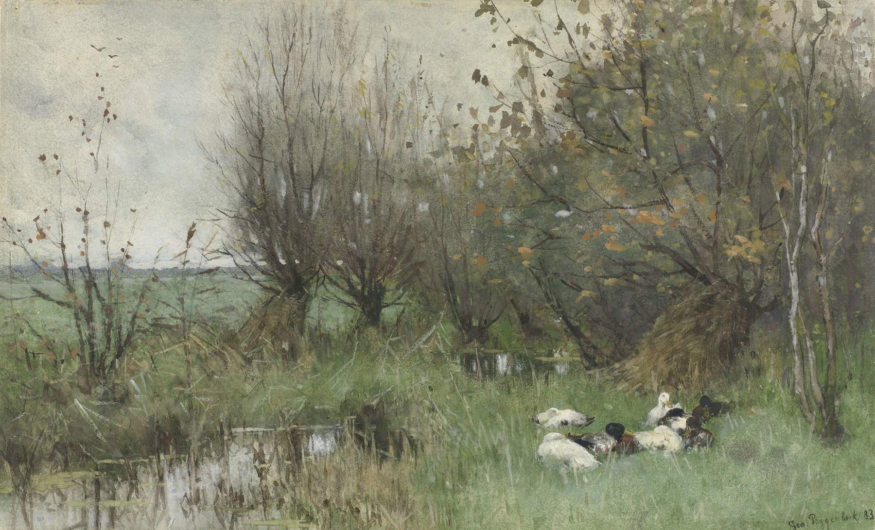 Oil on canvas by Geo Poggenbeek depicting ducks near willows and serene water.