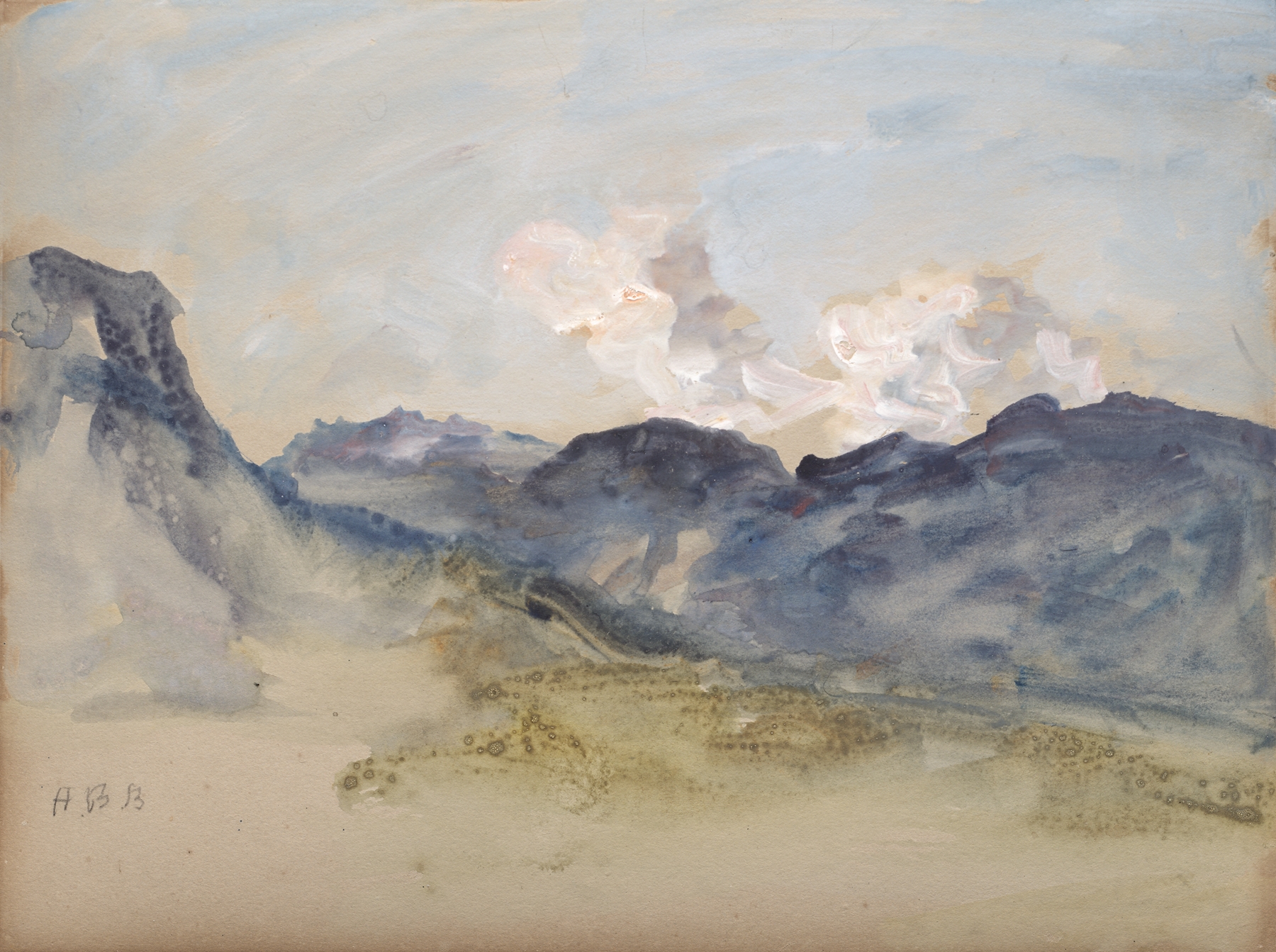 Landscape of mountains and valleys in 'In the Alps' by Hercules Brabazon Brabazon, oil painting