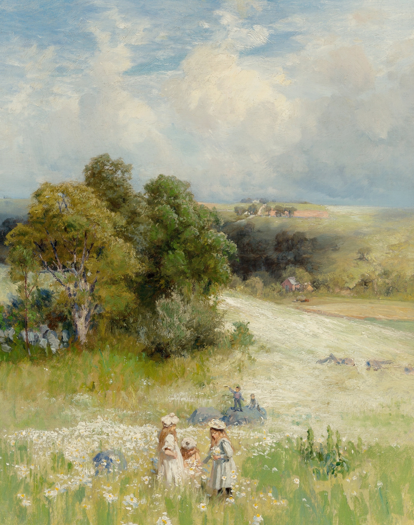 Oil painting by Hamilton Hamilton depicting a woman picking flowers.