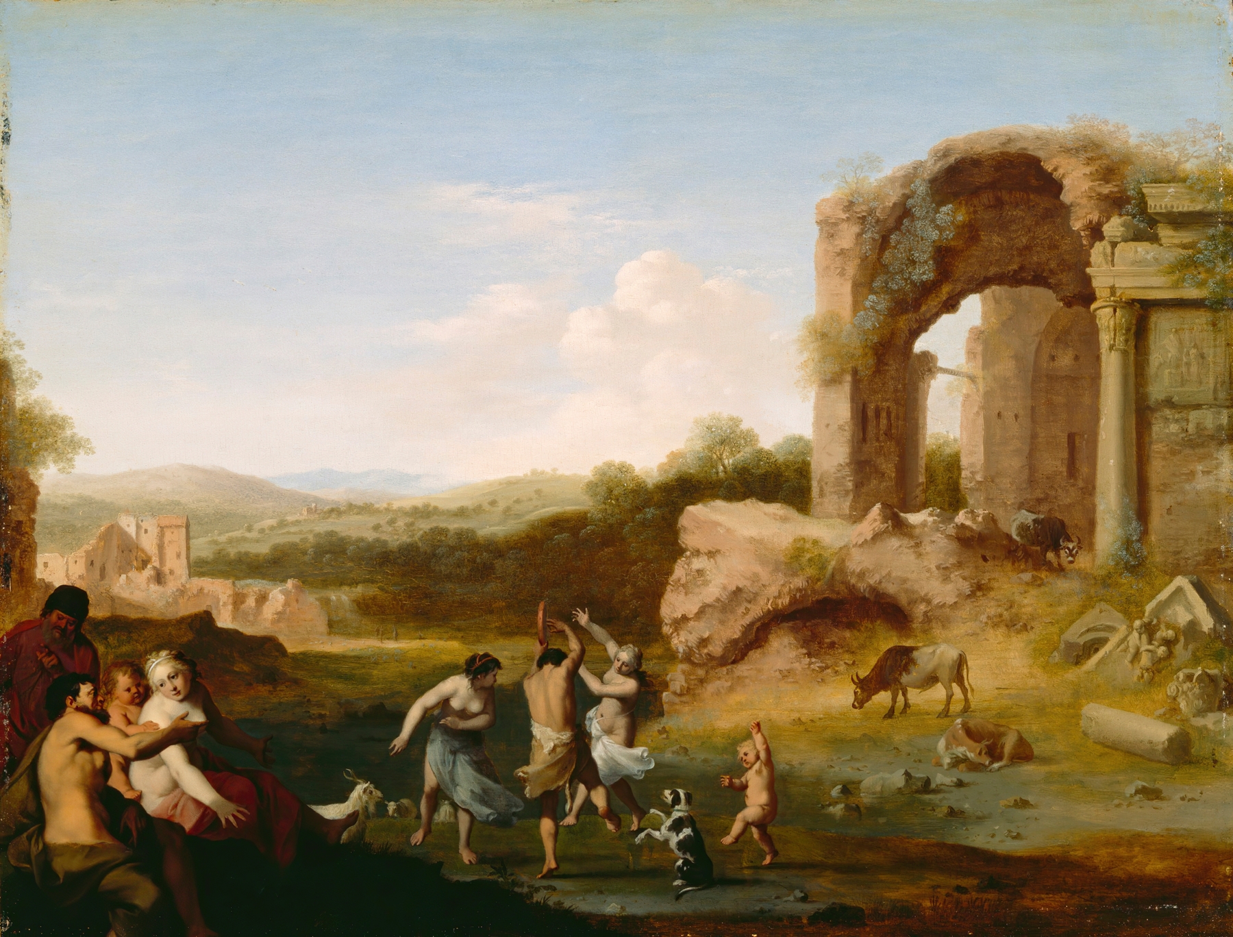 Figures dancing near ruins, oil on canvas by Cornelis van Poelenburch