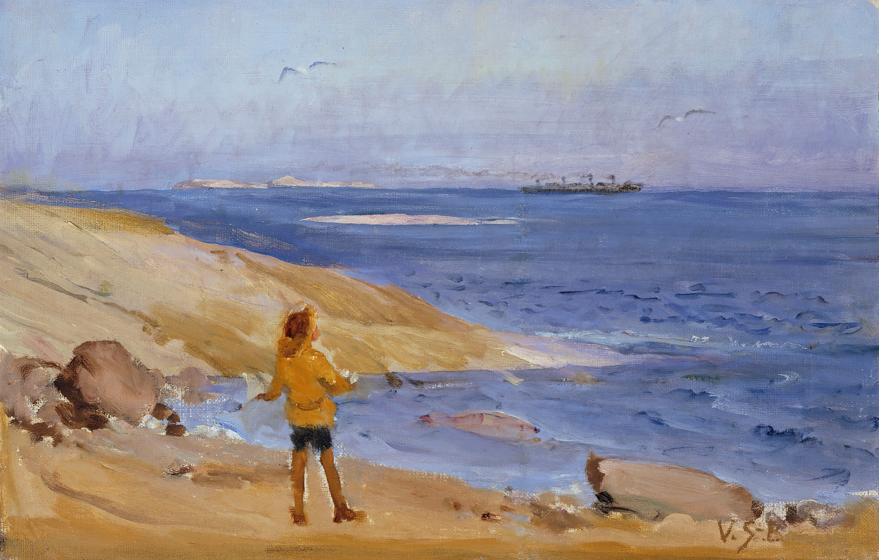 Figurative work by Venny Soldan-Brofeldt depicting Antti on a rocky beach, medium unknown.