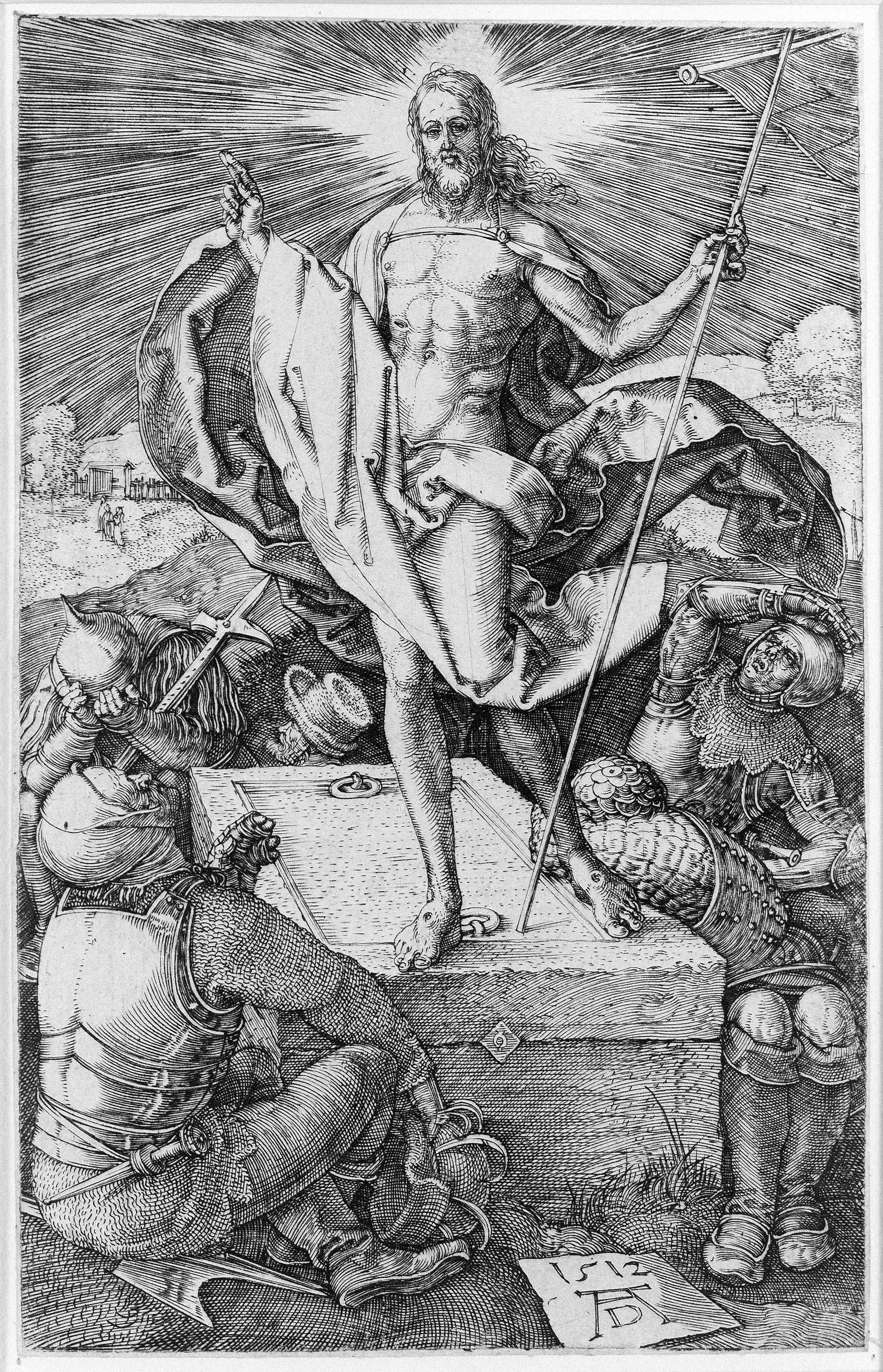 Engraving by Albrecht Dürer showing figures rising from graves in a resurrection scene.