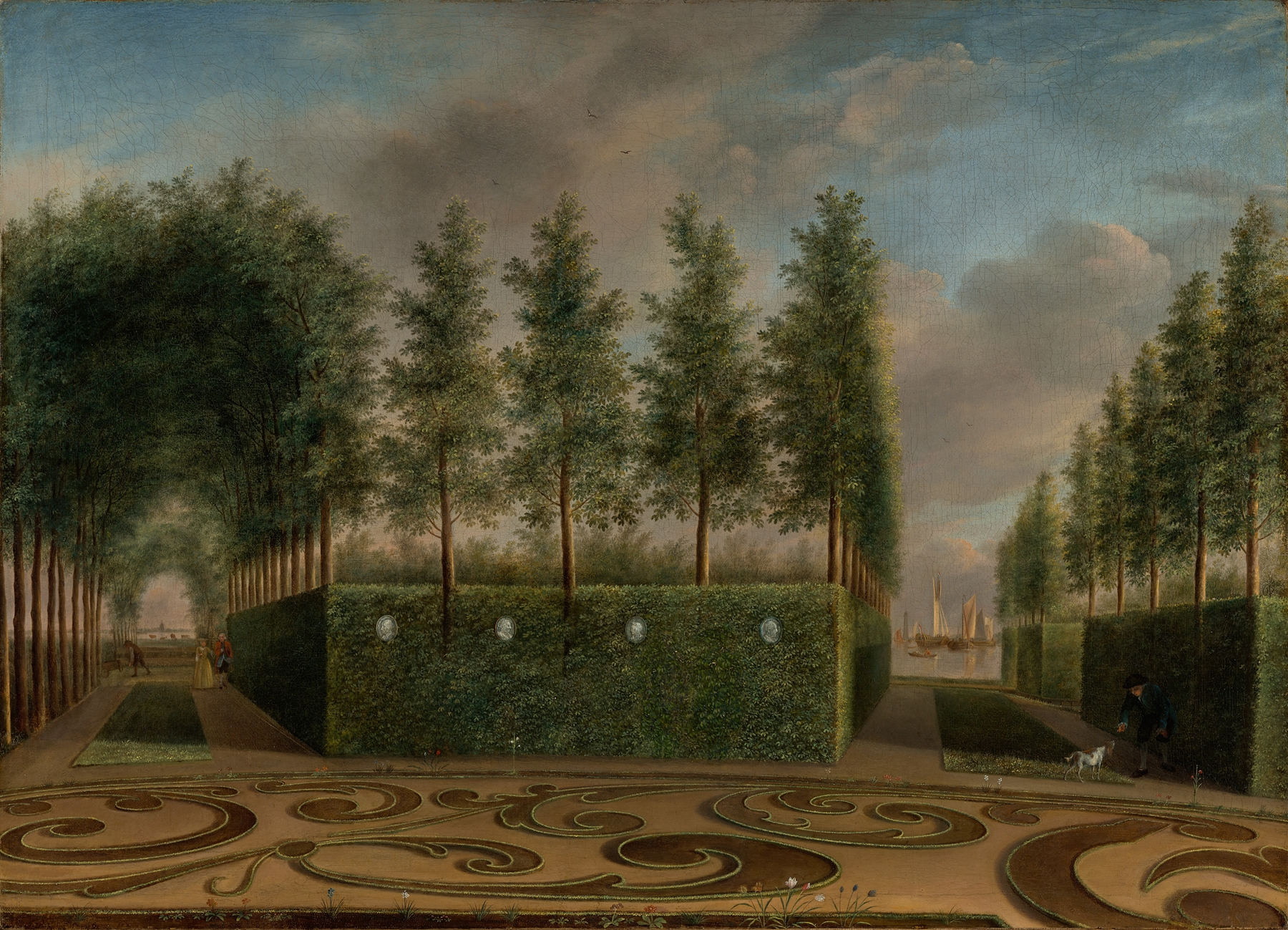 A Formal Garden by Johannes Janson, oil on canvas depicting figures in a vibrant garden.