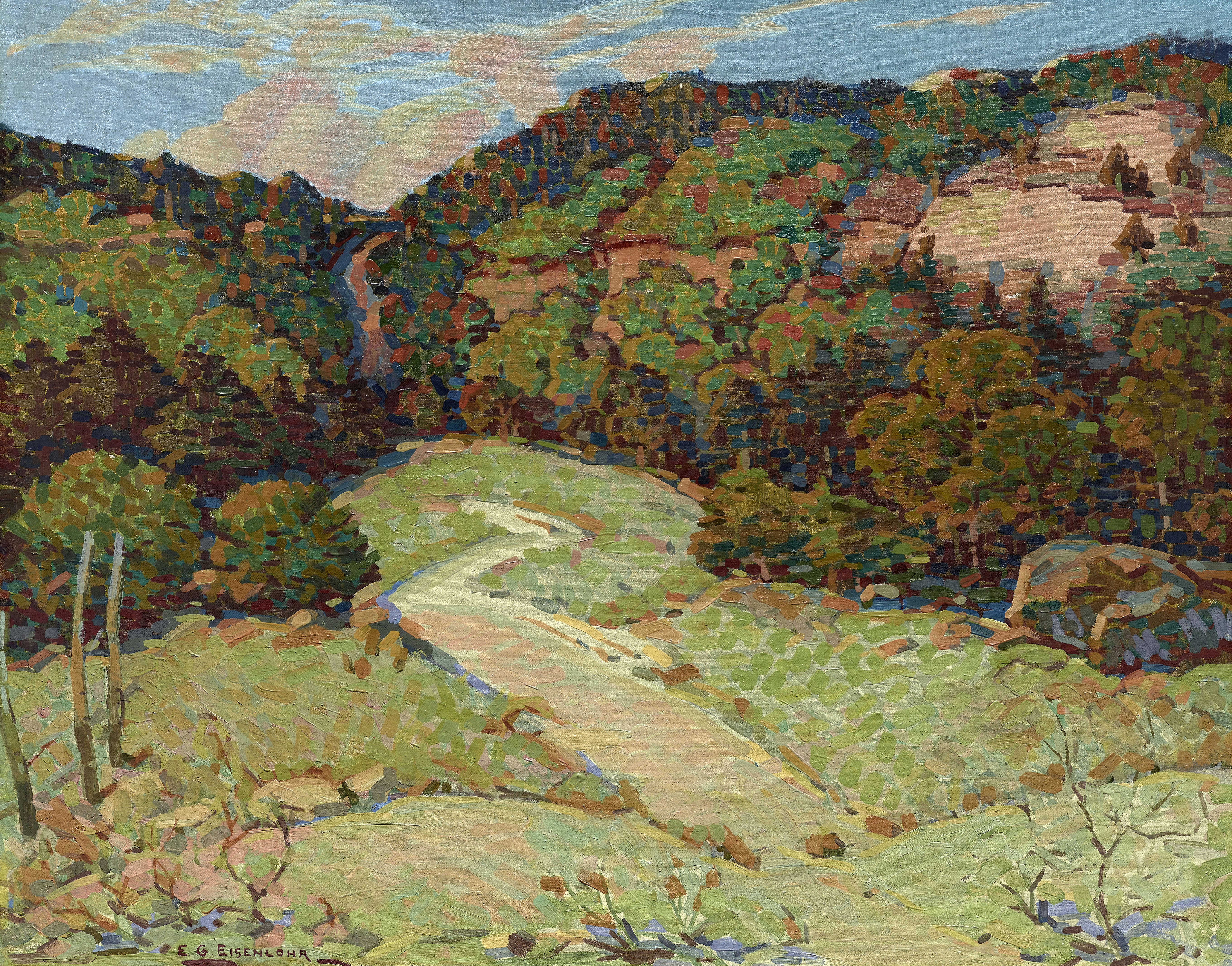 Abandoned Trail by Edward G. Eisenlohr, oil on canvas depicting a winding path through a forest.
