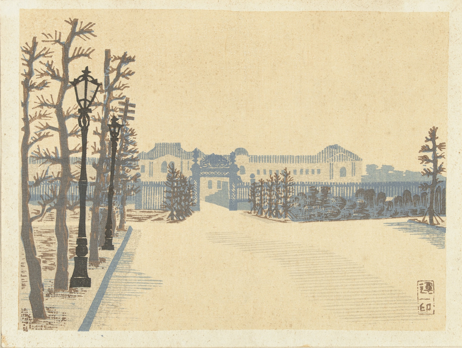 Akasaka Palace woodblock print by Hiratsuka Un'ichi depicting a grand palace in a serene landscape.