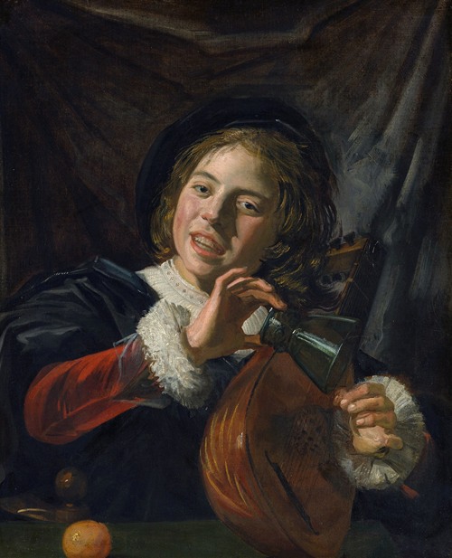 A young boy playing a lute, dressed in colorful clothing, with a charming expression.