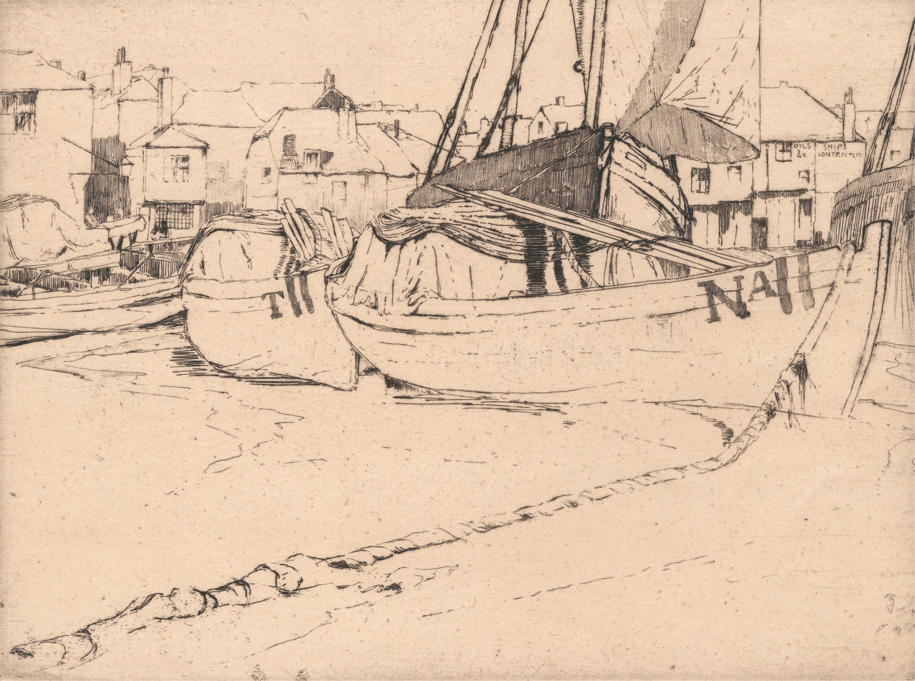Seine Boats, St. Ives, Cornwall by Sir Frank Short, oil painting, depicting boats on shimmering water