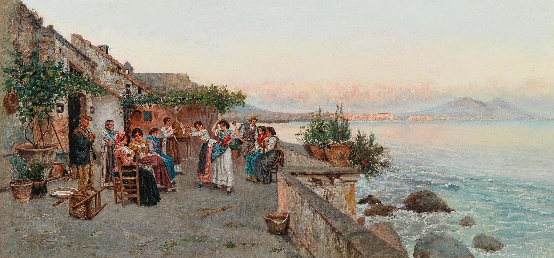 Genre scene depicting figures on a terrace enjoying music, oil painting by Giuseppe Giardiello.