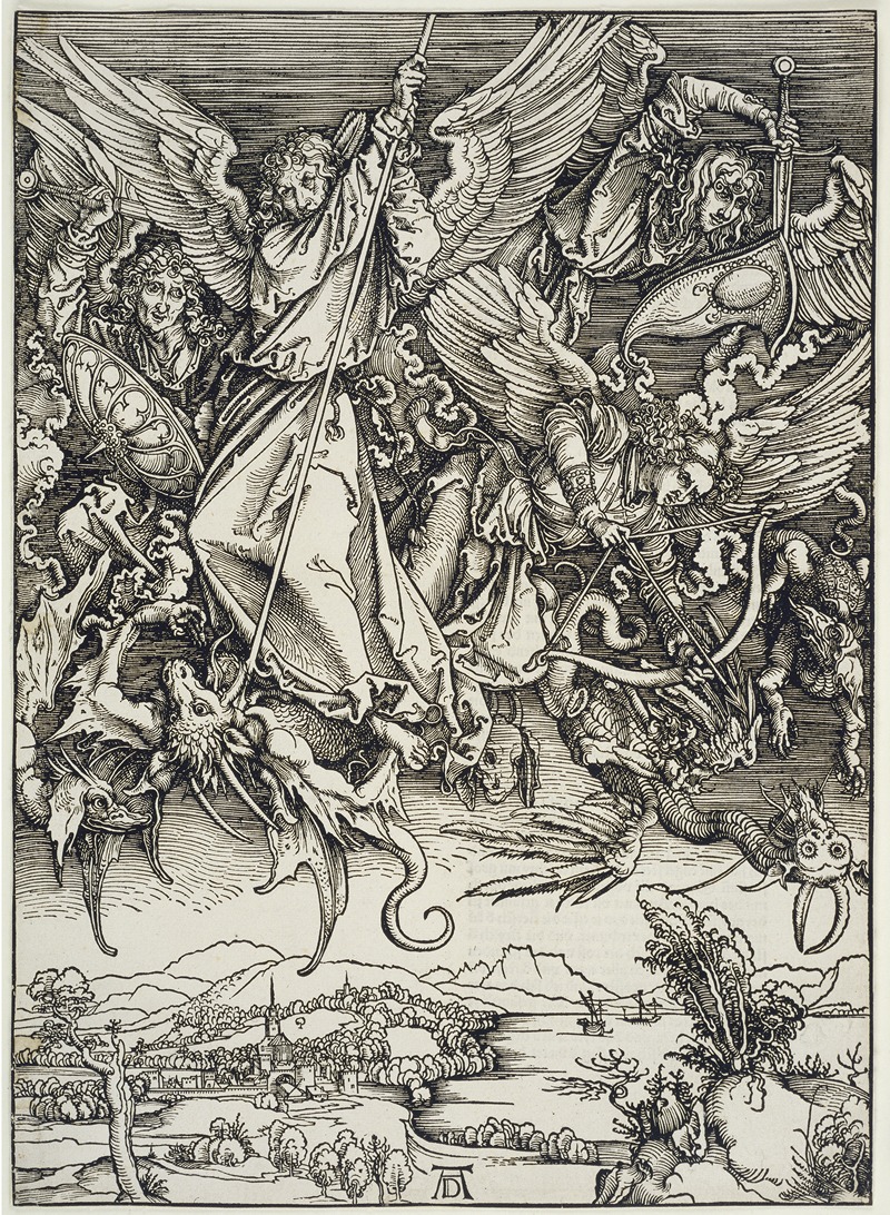 Albrecht Dürer's 'Michaels Kampf mit dem Drachen' depicts the archangel Michael battling a dragon.