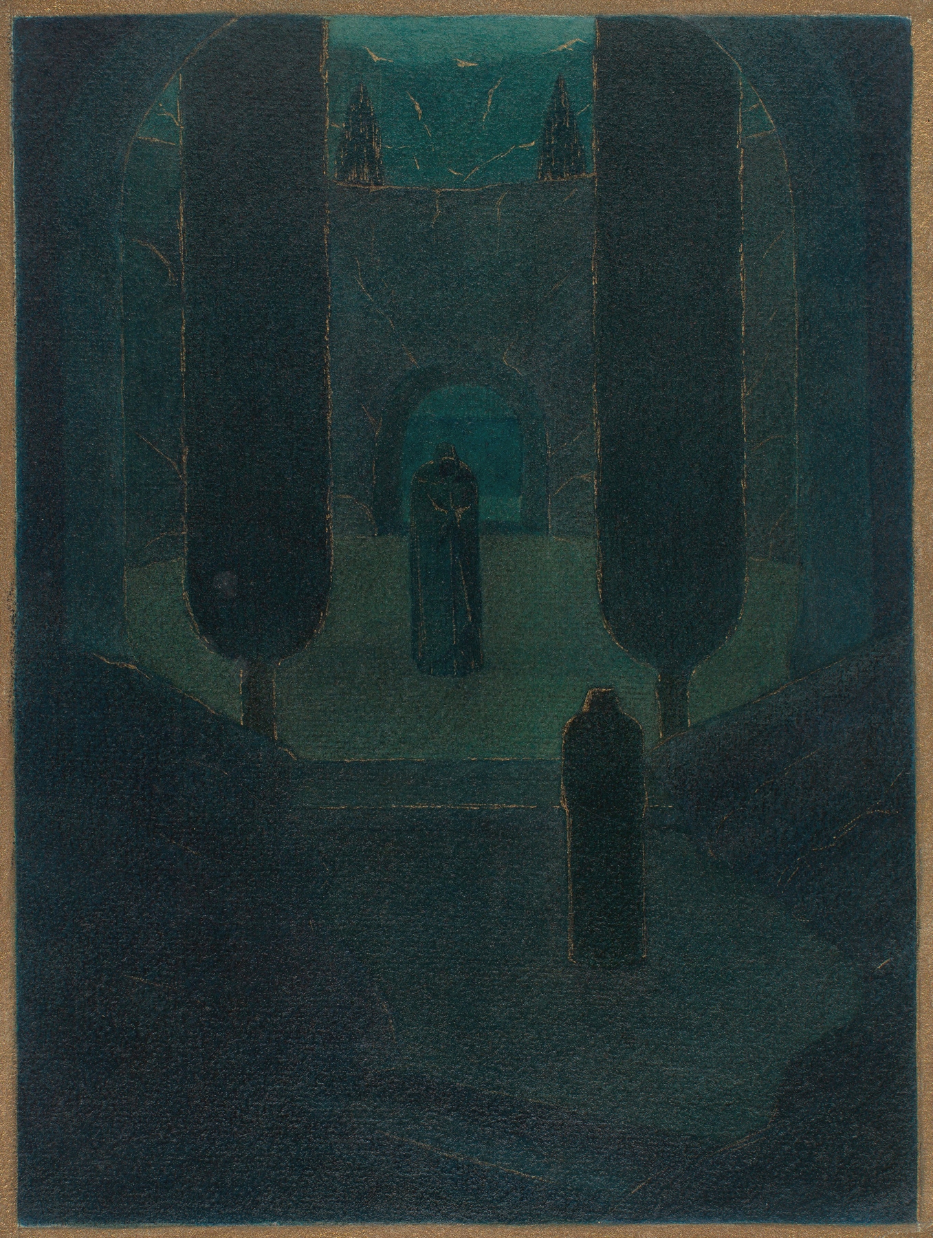 Cloaked figures in a dark garden, oil on canvas by Herbert Crowley